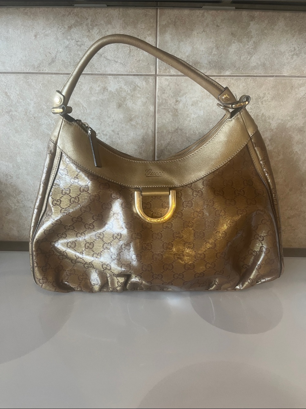 AUTHENTIC  BRONZE METALLIC GUCCI ABBEY D RING PATENT BAG